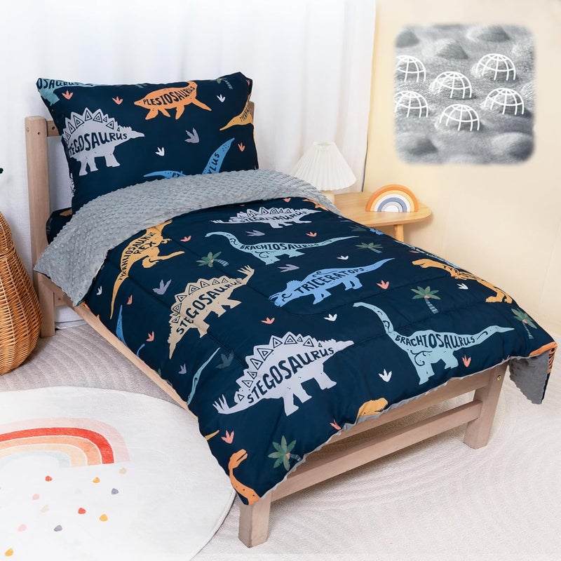 TinyPalsa Dinosaur Toddler Bedding Set, 4-Piece Comforter Set for Girls and Boys, Breathable Crib Bedding Includes Ultra-Soft Plush Minky Comforter, Flat and Fitted Sheets, and Reversible Pillowcase - Image 1